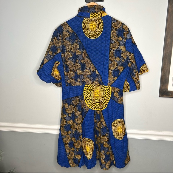 NWOT Mae Otti African Blue and Yellow Patterned Button-Up Dress - Picture 4 of 5